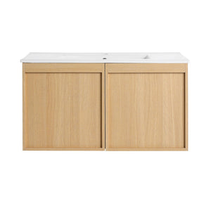 English Elm 36" Floating Bathroom Vanity Light Oak Modular Cabinet with Gel Coat Integrated Sink Glossy White,Light Oak W3450S00067