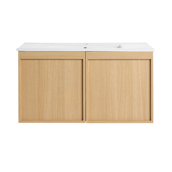English Elm 36" Floating Bathroom Vanity Light Oak Modular Cabinet with Gel Coat Integrated Sink Glossy White,Light Oak W3450S00067