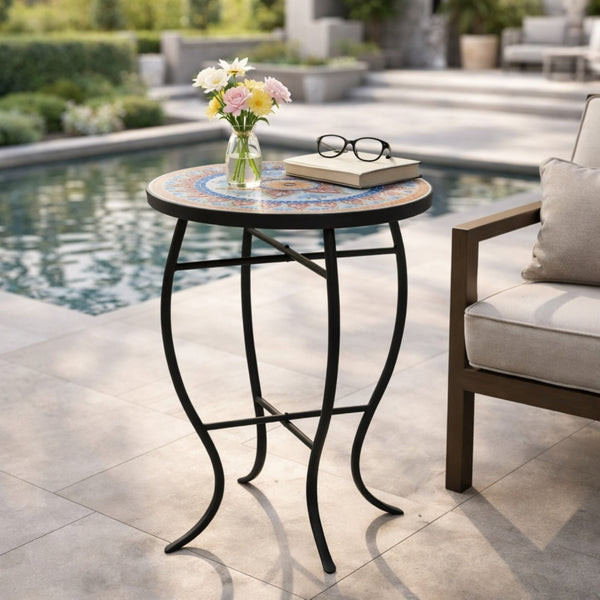 English Elm Outdoor Mosaic Ceramic Tile Round Side Table with Curved Wrought Iron Patio Accent Red+Black N773P365597R