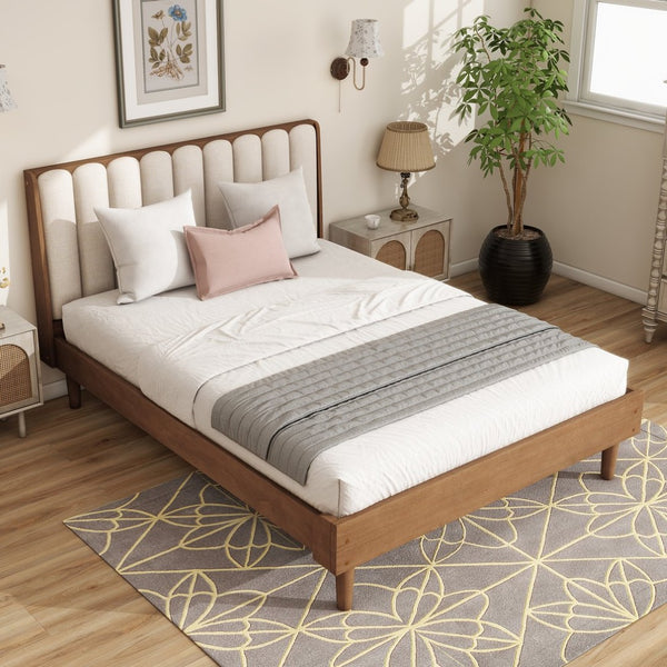 English Elm Queen Size Wood Bed With Upholstered Piano Key Headboard, Sturdy Frame In Warm Wheat Tone Finish W504S00257-GIGA