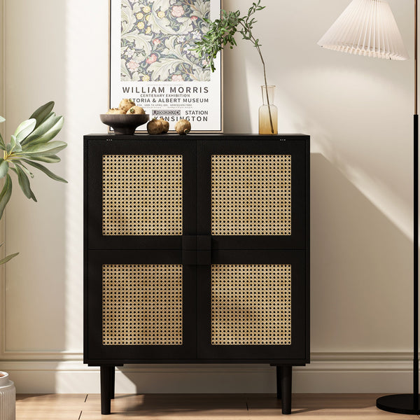 English Elm 4-Doors Rattan Mesh Storage Cabinet with Solid Wood Legs and Adjustable Shelves for Stylish Organization Black W757P198555