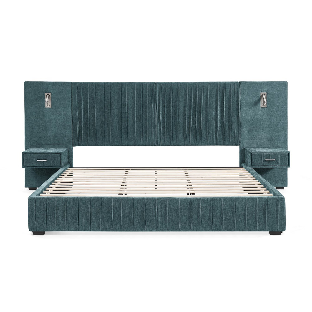 English Elm King Modern Upholstered Platform Bed with Pleated Chenille Headboard, Built‑in Nightstand & Lamp Blue-Green W487S00392