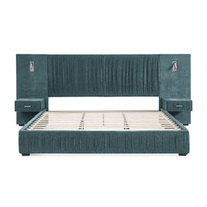 English Elm King Modern Upholstered Platform Bed with Pleated Chenille Headboard, Built‑in Nightstand & Lamp Blue-Green W487S00392