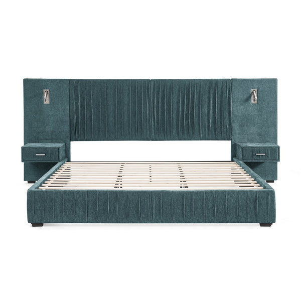 English Elm King Modern Upholstered Platform Bed with Pleated Chenille Headboard, Built‑in Nightstand & Lamp Blue-Green W487S00392