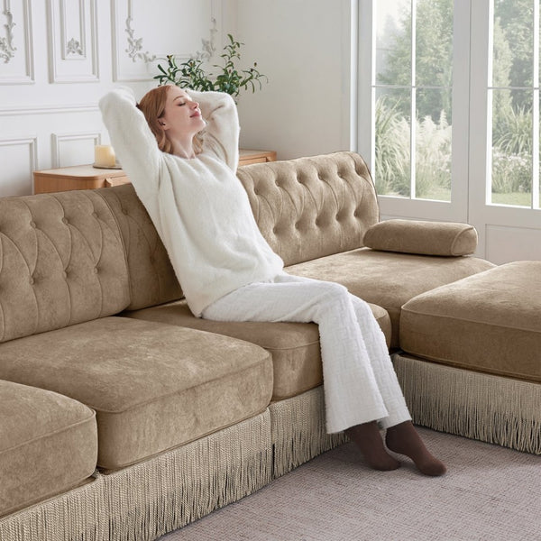 English Elm Sofa Modular Left Sectional Piece with Tufted Fleece Upholstery and Tassel Skirt W714P450817