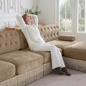 English Elm U Shaped Modular Sectional Sofa Chesterfield Tufted Velvet with Tassel Fringe Skirt Camel W714S01698