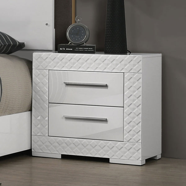English Elm White High Gloss Nightstand 25.5"W x 15.5"D Modern Glam 2-Drawer Engineered Wood Chrome Legs B2741P325721