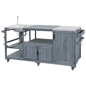 English Elm K&k Solid Fir Outdoor Kitchen Island with Sink Stainless Steel Top and Grill Cutout Grey+Blue N707S000022G