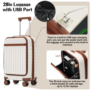 English Elm Luggage 3 Piece Abs Hard Shell Set with Usb Port Front Access and Spinner Wheels White N726P307555O