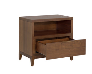 Sunpan Dimico Mid-Century Nightstand with Walnut Veneer & Rustic Bronze Handle – Timeless Elegance!