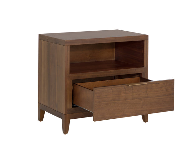 Sunpan Dimico Mid-Century Nightstand with Walnut Veneer & Rustic Bronze Handle – Timeless Elegance!
