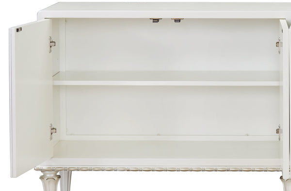 English Elm Ansaldo Pearl White Console Cabinet with Silver Shimmer, French Provincial Glass Doors & Turned Legs B2726P285786