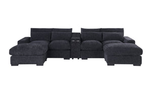 English Elm Modern Flannel Velvet Modular Sectional with Reclining Seats Usb Console Ottomans Dark Gray B2730S00044