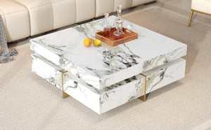 English Elm Modern Square Marble-Textured Coffee Table 43.3" White — Floating Pedestal Design, 4 Hidden Drawers, Durable Chic Storage CH350384AAK