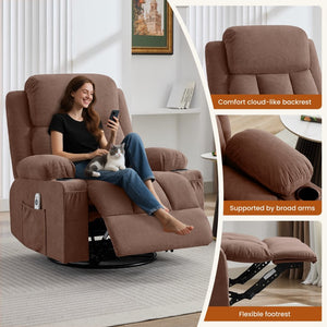 English Elm Swivel Rocker Recliner with Massage Heat and Usb Port for Living Room Comfort W1521P461085