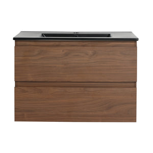 English Elm 30" Wall-Mounted Bathroom Vanity With Black Ceramic Sink & Soft-Close Drawers For Modern Spaces W999S00195