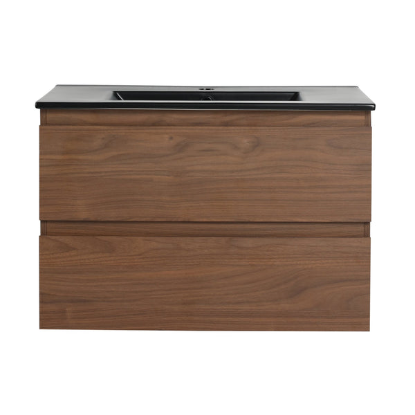 English Elm 30" Wall-Mounted Bathroom Vanity With Black Ceramic Sink & Soft-Close Drawers For Modern Spaces W999S00195