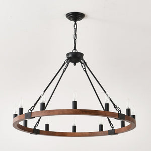 English Elm 31.5 Inch Wagon Wheel Chandelier Wood Matte Black 12-light Farmhouse Pendant Fixture W5008P464752
