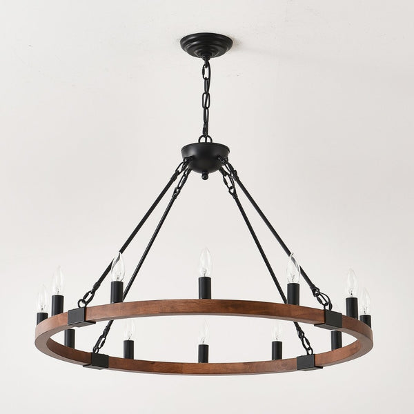 English Elm 31.5 Inch Wagon Wheel Chandelier Wood Matte Black 12-light Farmhouse Pendant Fixture W5008P464752