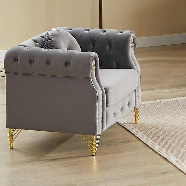 English Elm Velvet Tufted Chesterfield Sofa with Copper Stud Trim and Gold Metal Legs Grey W834P423609