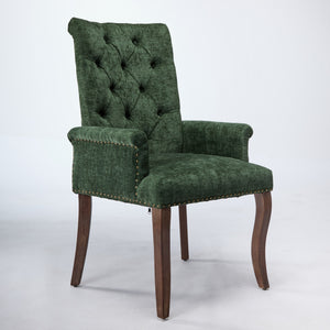 English Elm Upholstered Chenille Dining Chair with Hand-Tufted Back, Curved Solid Wood Legs, Comfortable Armseat Olive Green W1143P346929