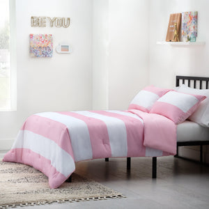 English Elm Linenspa Reversible Microfiber Comforter Set – Oversized King Rugby Stripe Pink/White, Hypoallergenic Fill B350P326217