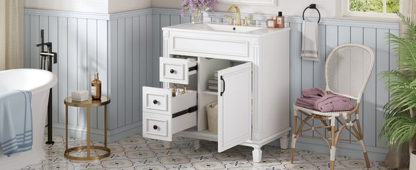 English Elm 30" French-Inspired Bathroom Vanity With Ceramic Sink & Dual Drawers - Elegant Storage Solution! N710P323328K