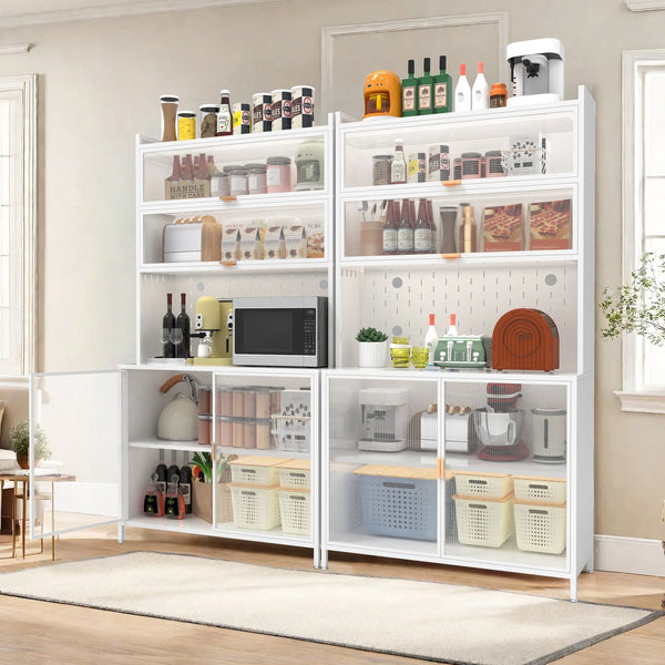 English Elm 73'' Tall 6-Tier Steel Pantry Cabinet with Flip Door & Pegboard, Adjustable Shelves, Anti-Tip Storage White W3387P306356
