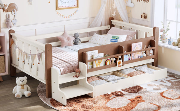 English Elm Twin Pine Floor Bed with Guardrails Built-in Bookcases and Stair Steps for Kids Beige W1580P430199