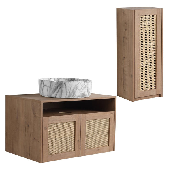English Elm 30" Floating Bathroom Vanity Set with Ceramic Vessel Sink and Rattan Side Cabinet W999S00497