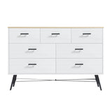 English Elm 7 Drawer Dresser For Bedroom With Deep Drawers, Wood Dressers & Chest Of Drawers, Modern White Long Dressers For Closet Living Room, 47.2"W X 15.7"D X 31.5"H, White & Oak