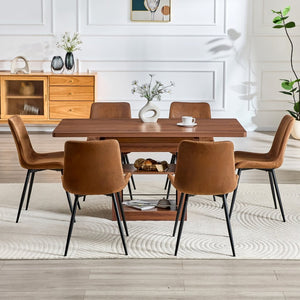English Elm Expandable Walnut Mdf Dining Set with Six Cushioned Fabric Chairs for Modern Interiors W1151S04715