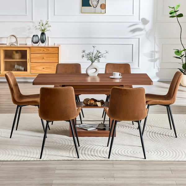English Elm Expandable Walnut Mdf Dining Set with Six Cushioned Fabric Chairs for Modern Interiors W1151S04715