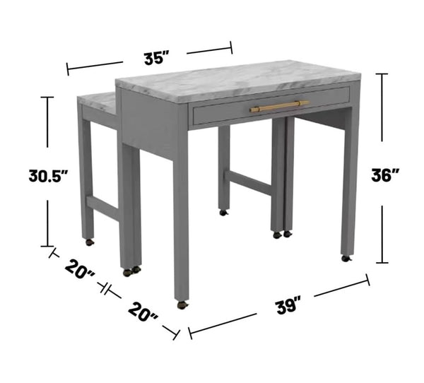 English Elm Light Gray Counter Height Table with Faux Marble Top, Slide-Out Extension, Drawer & Casters - Farmhouse Kitchen Island Stylish Storage Solution B011P232972