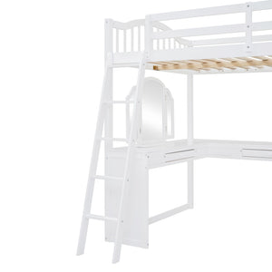 English Elm Full Wood Loft Bed with Wraparound Study Desk Built-in Storage and Vanity Mirror N708S00008K