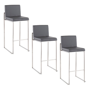 English Elm Fuji 30" Contemporary High Back Barstool Set Of 3 - Grey Faux Leather & Stainless Steel Stylish Comfort B202P222209
