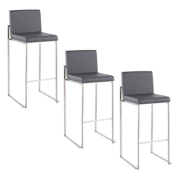 English Elm Fuji 30" Contemporary High Back Barstool Set Of 3 - Grey Faux Leather & Stainless Steel Stylish Comfort B202P222209