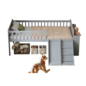English Elm Twin Platform Kids Bed with Slide Ladder Guardrails Storage Shelf Wood Frame Gray N733S415411E