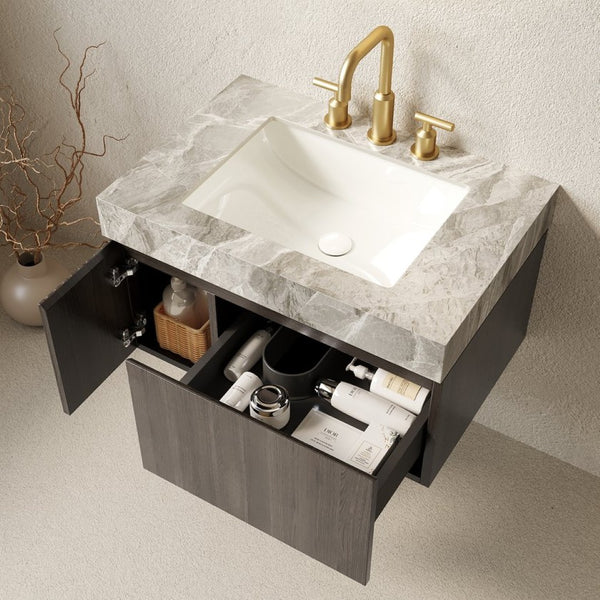 English Elm Muri Floating Bathroom Vanity Sintered Stone Top Oak Veneer Plywood Cabinet W2615S00599