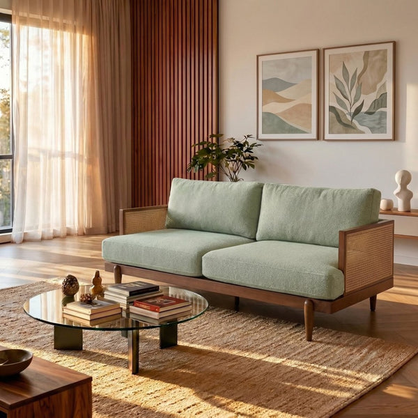 English Elm Emir Three Seat Boucle Sofa with Handwoven Cane Arms and Walnut Tapered Legs Light Green N773P285909G