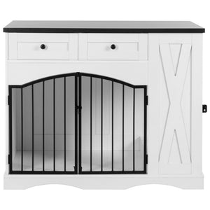 English Elm Go Farmhouse White Wood Dog Crate End Table with Three Drawers and Iron Door Panels N704P338959K