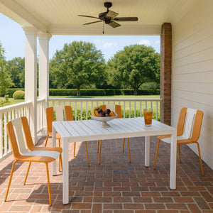 English Elm 4-Pack Modern Striped Color Block Chairs with 55" Long Table — Waterproof PP Seats, Rustproof Metal Frame Beige,Tropical Orange,White W3450S00044