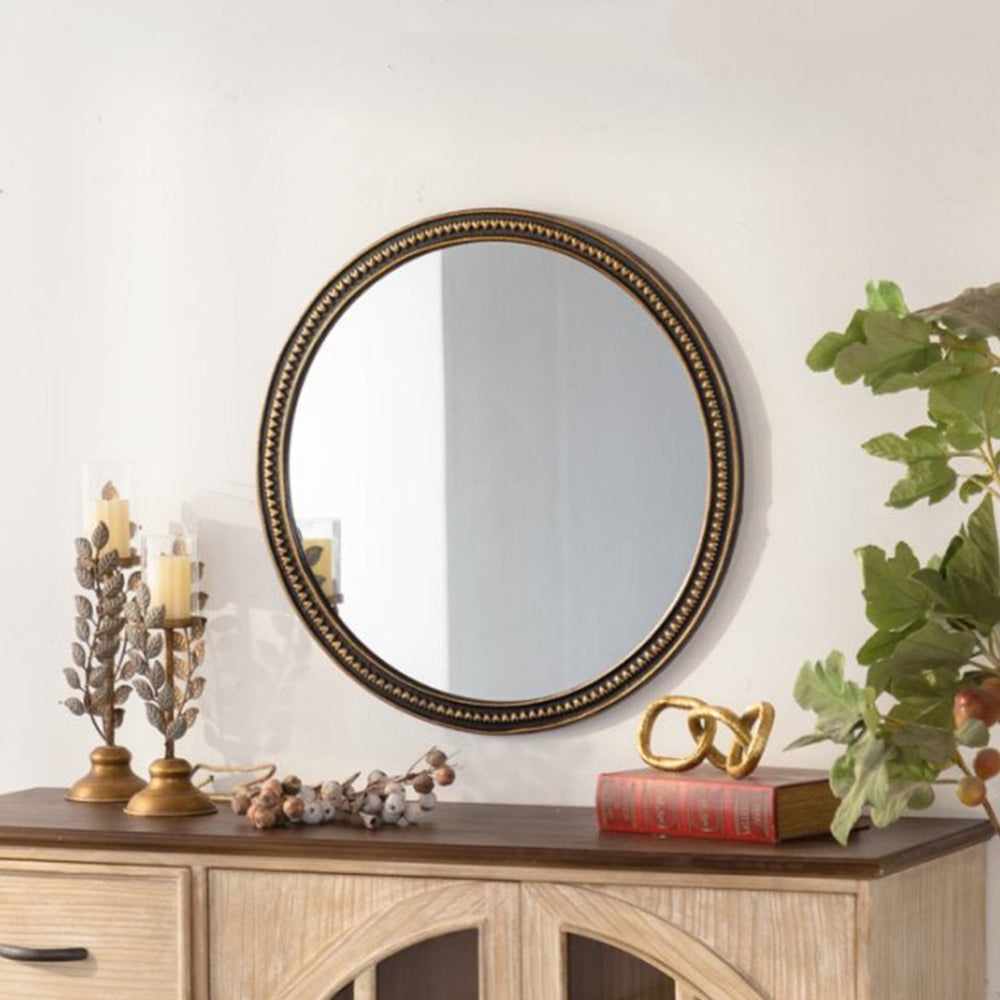 English Elm Round Gold Beaded Wall Mirror Vintage Metallic Frame for Bedroom or Living Room W3081P391519