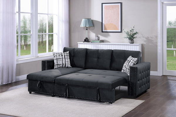 English Elm Black Velvet Convertible Sectional Sofa with Pull-Out Bed, Reversible Storage Chaise, Tufted Elegance B011S01023