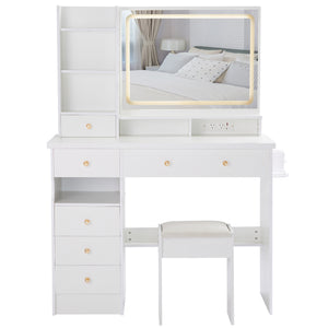 English Elm 41" Large Desktop Vanity Table Set With Cushioned Stool, Led Mirror, Power Station & Hair Dryer Stand W936P230830