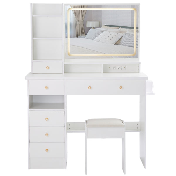 English Elm 41" Large Desktop Vanity Table Set With Cushioned Stool, Led Mirror, Power Station & Hair Dryer Stand W936P230830