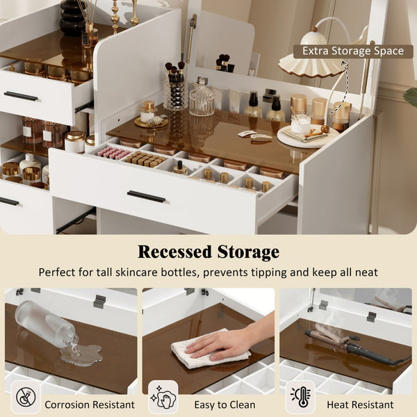 English Elm 3-in-1 Vanity Desk Flip Mirror Glass Top Hidden Storage Compact White Bedroom N704P391337K
