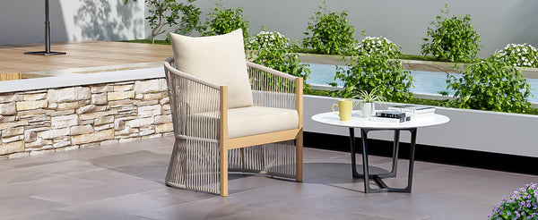 English Elm Christopher Knight Home® - Modern Beige Curved Aluminum Lounge Chair with Rope-Weave, Weatherproof Cushions for Patio Comfort N767P237033B