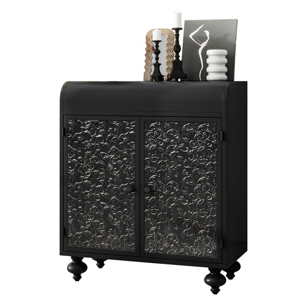 English Elm Art Accent Cabinet Antique Black Steel Sideboard with Embossed Pattern, Sturdy 75 lb Shelves & Rustic Charm W3122P272554