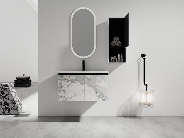 English Elm 30" Wall-Mounted Bathroom Vanity Set With Ceramic Sink, Soft-Close Doors & Ample Storage Solution W999S00331